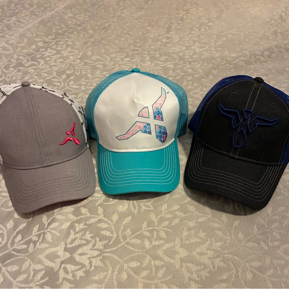 Wrangler Trucker Hat Trio - Gray/Pink, Teal/White, and Black/Navy Blue